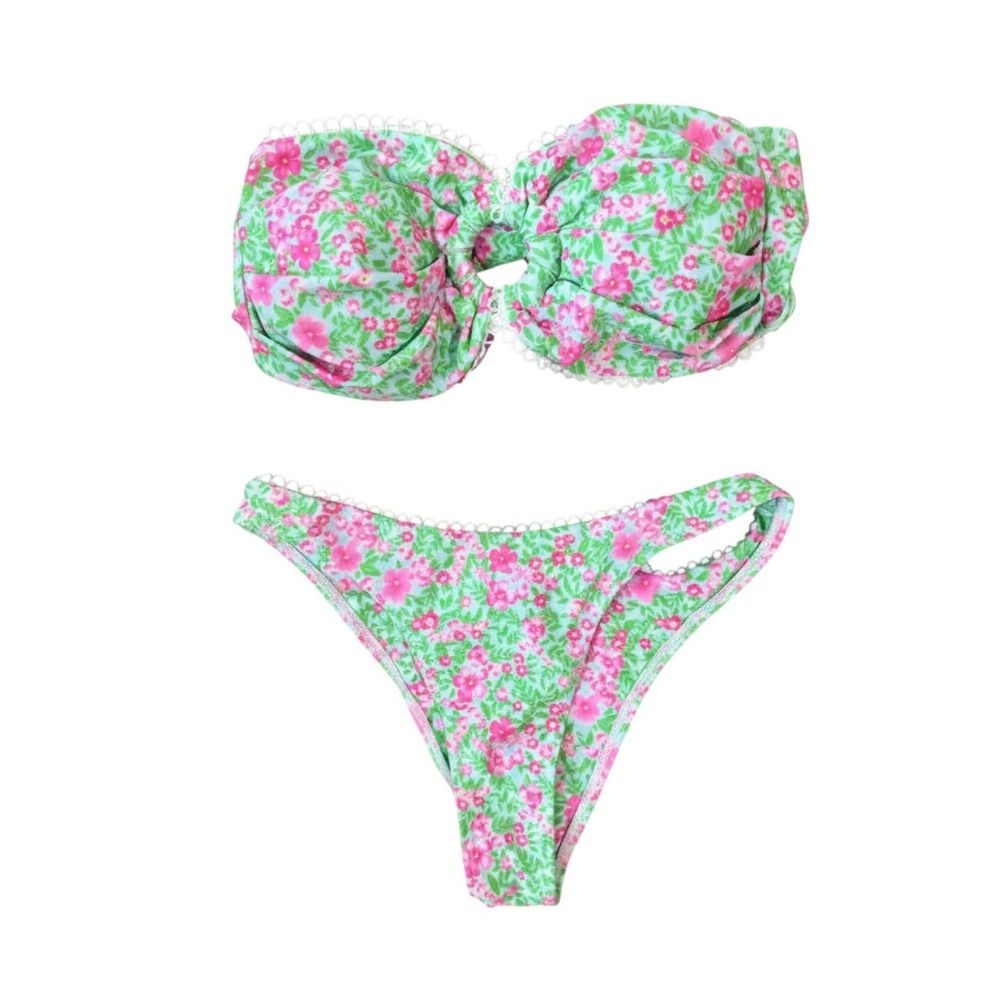 Floral Bandeau Bikini Set Pink Green Scalloped Trim High Cut Swimsuit Small - Picture 2 of 6